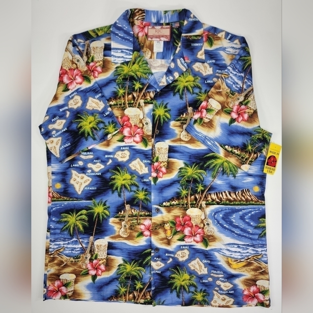 NEW RJC Men's XL Navy Blue Hibiscus Hawaiian Islands Map Button Camp Shirt NWT